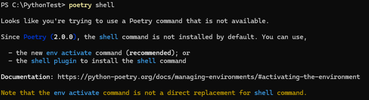 Looks like you're trying to use a Poetry command that is not available. Since Poetry (2.0.0), the shell command is not installed by default.